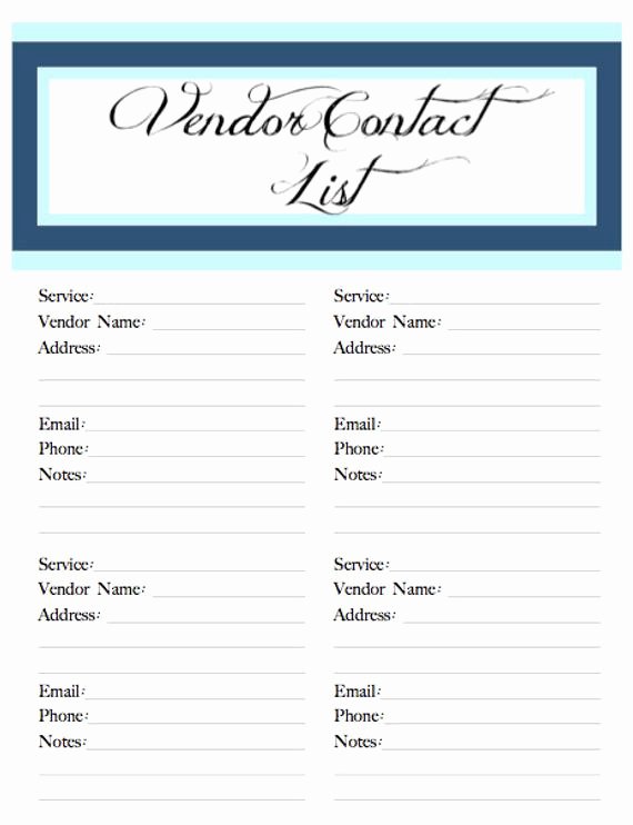 Wedding Vendor List Template Luxury Wedding Belle Printable Vendor Contact by Poshsouthernplanners