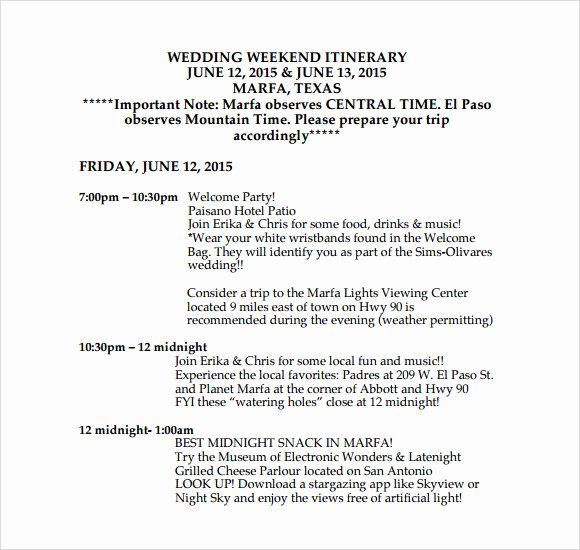 Wedding Weekend Timeline Template Awesome Sample Wedding Weekend Itinerary Template 12 Documents