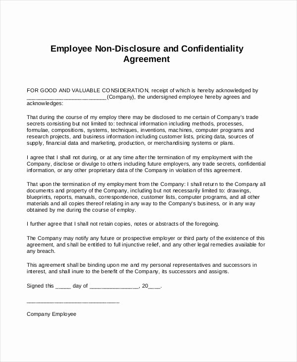 Word Employee Confidentiality Agreement Templates Elegant Standard Non Disclosure Agreement form 22 Free Word