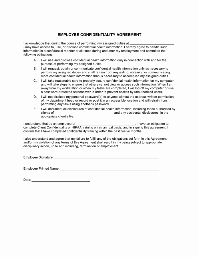 Word Employee Confidentiality Agreement Templates Fresh Employee Confidentiality Agreement In Word and Pdf formats