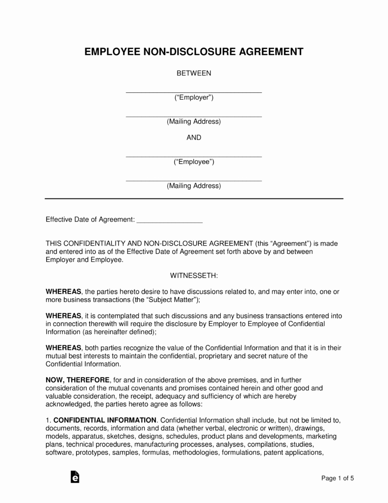 Word Employee Confidentiality Agreement Templates Fresh Employee Non Disclosure Agreement Nda Template