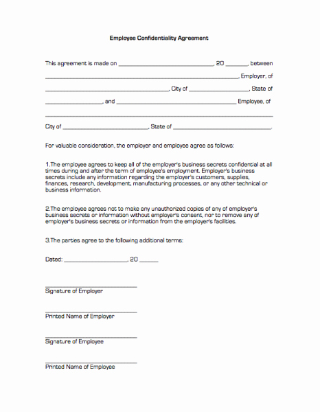 Word Employee Confidentiality Agreement Templates New Employee Confidentiality Agreement