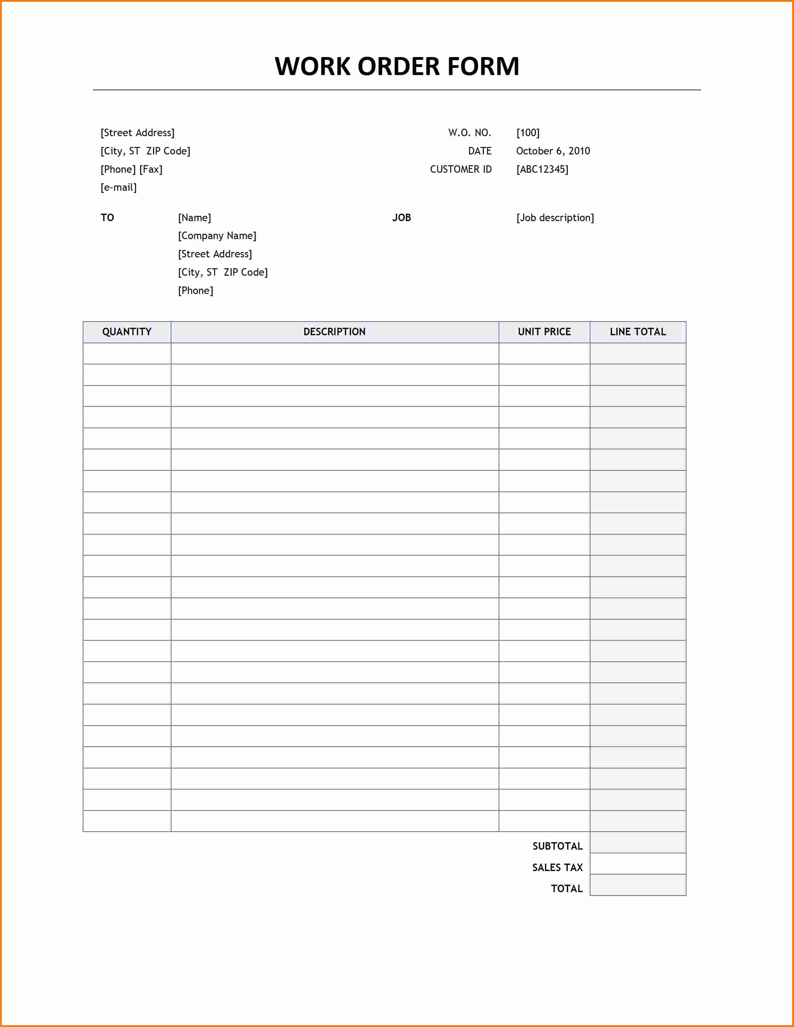 Work order Template Word New Blank Work order form
