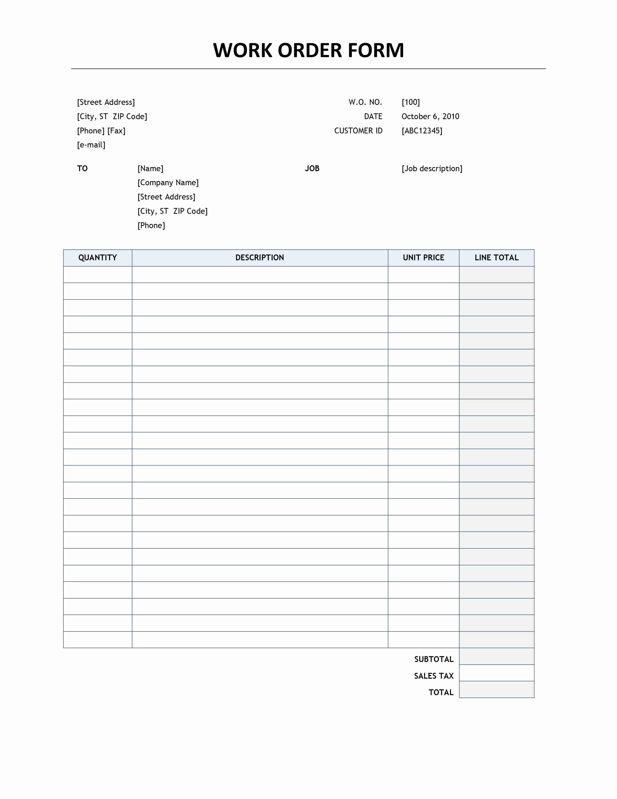 Work order Template Word New Work order form Template