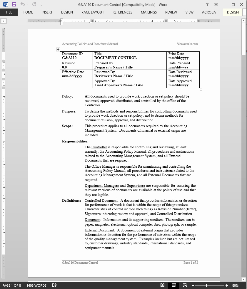 Accounting Policies and Procedures Template Beautiful iso Document Control