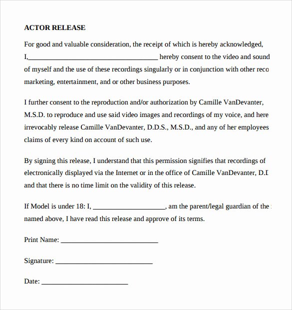 Actor Release form Template Elegant Sample Actor Release form 7 Free Documents In Pdf Word