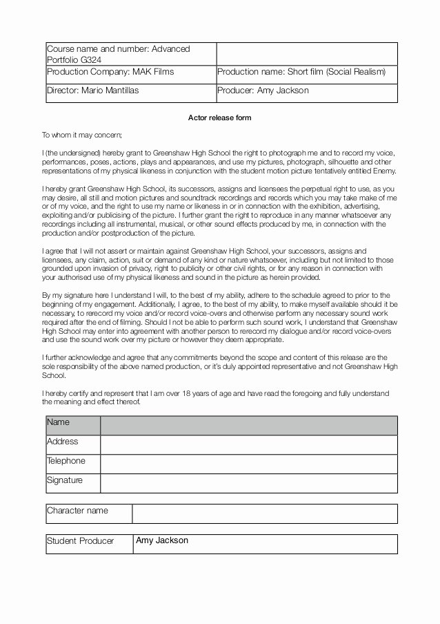 Actor Release form Template Lovely Actor Release form