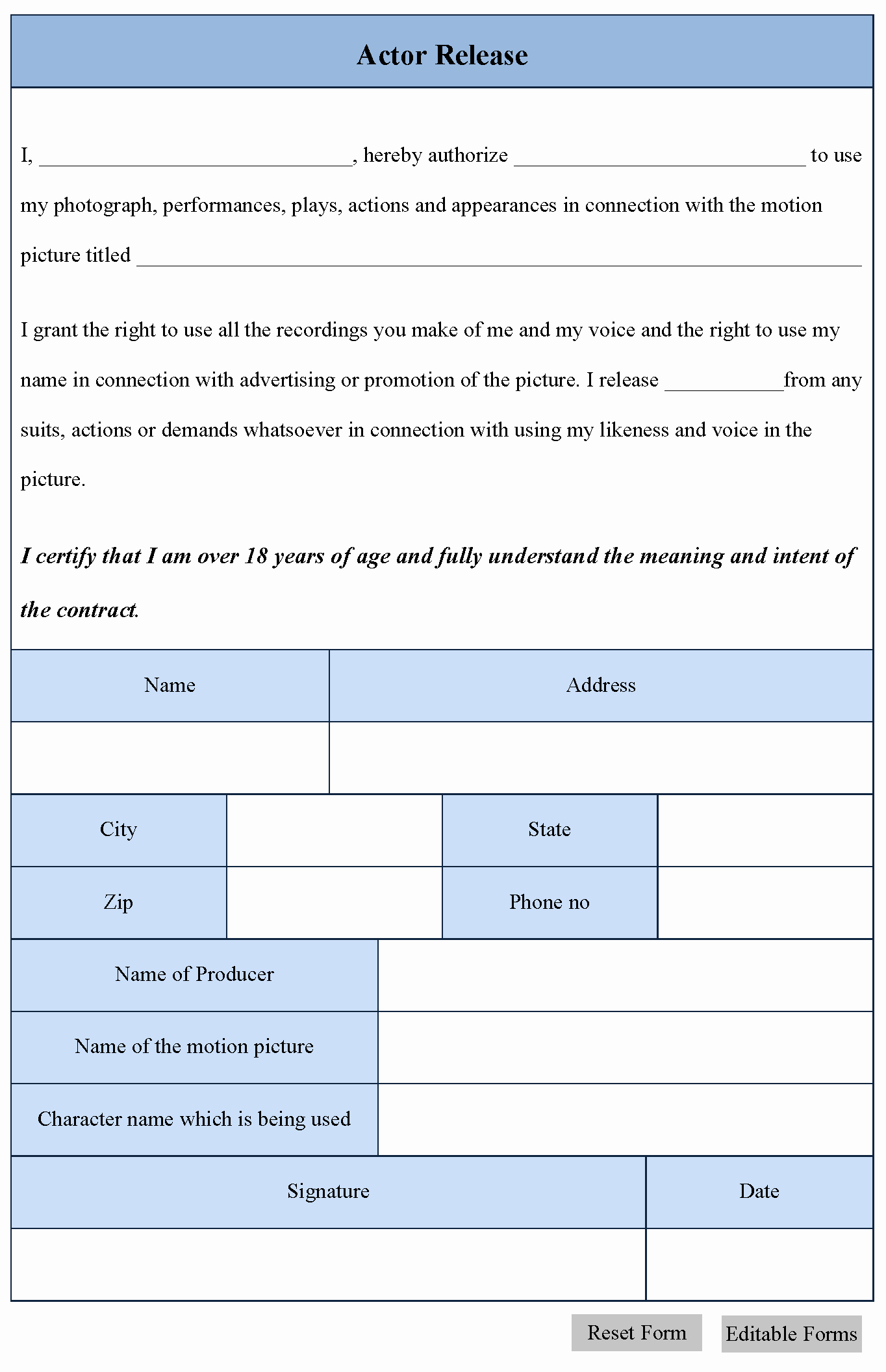 Actor Release form Template New Editable forms