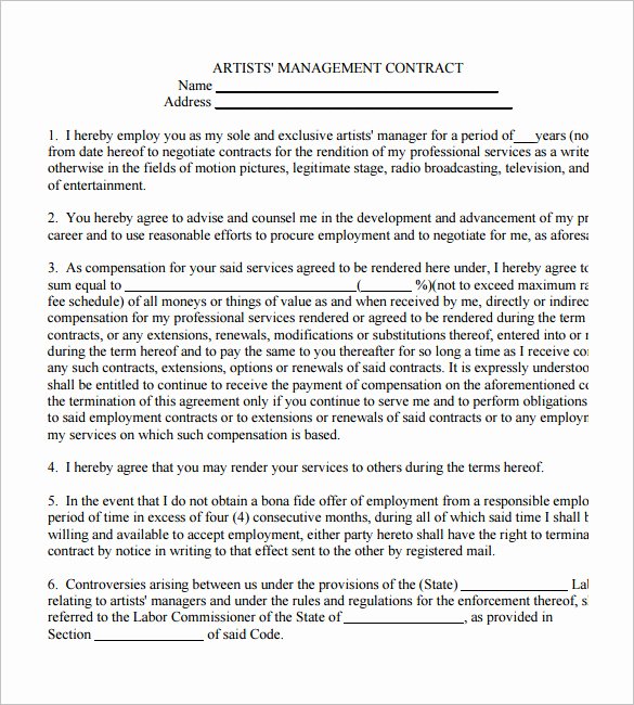 Artist Management Contract Template Beautiful 5 Artist Management Contract Templates – Free Pdf Word