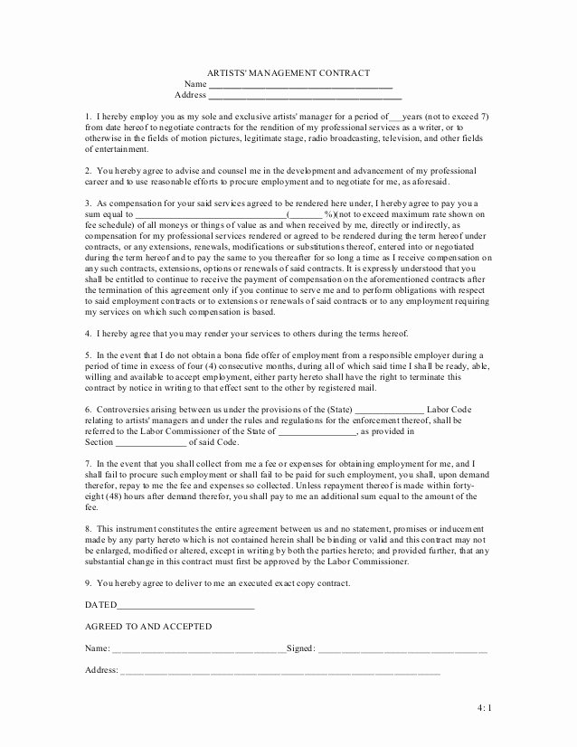 Artist Management Contract Template Best Of Artists Management Contract
