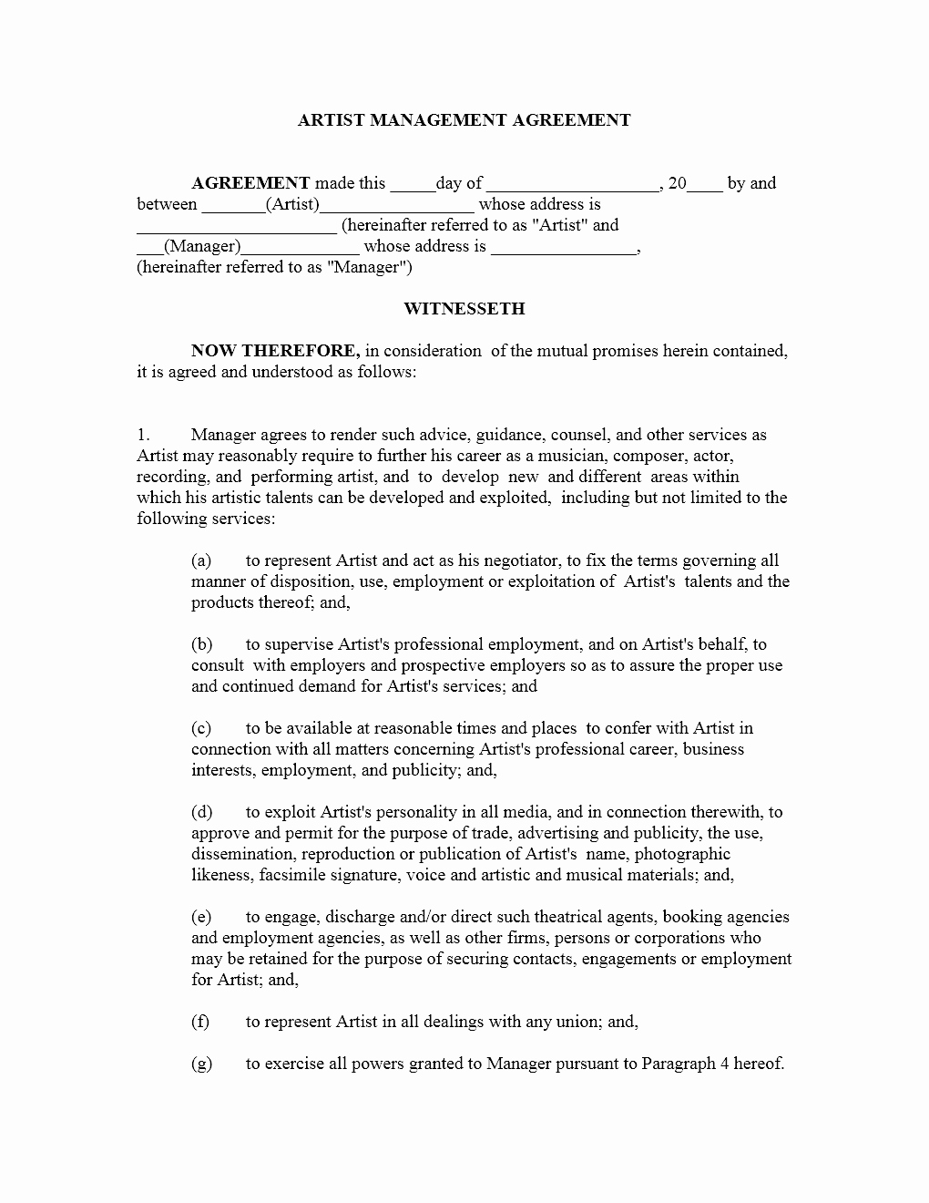 Artist Management Contract Template Luxury Artist Management Contract Template