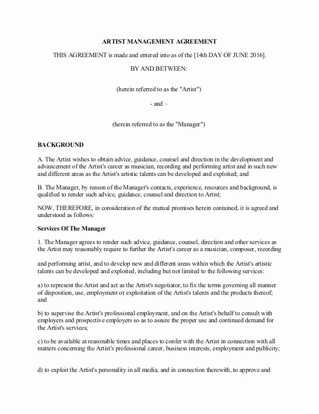 Artist Management Contract Template Pdf Awesome Artist Management Contract