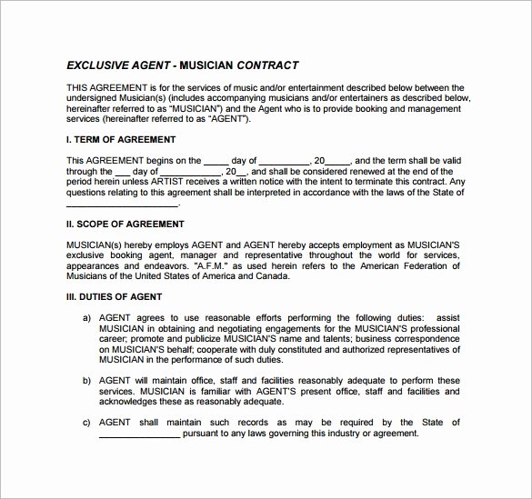 Artist Management Contract Template Pdf Beautiful Booking Agent Contract Template 9 Download Free