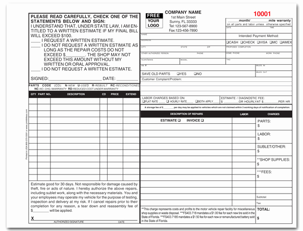 Auto Repair Bill Template Beautiful Florida Approved Auto form