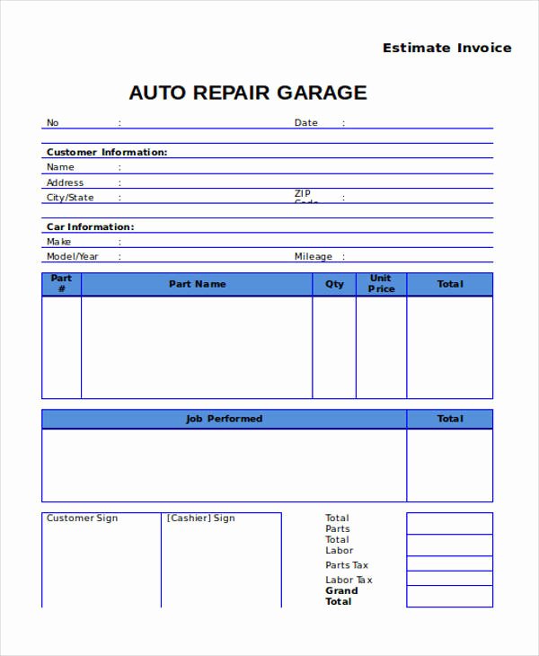 Auto Repair Estimate Template Lovely 9 Auto Repair Invoice Templates Free Word Pdf Excel
