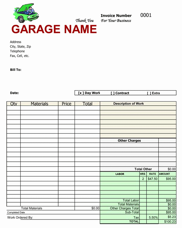 Auto Repair Invoice Template Word Unique Garage Invoice Template