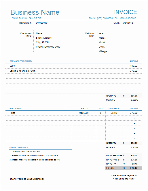 Automotive Repair Invoice Templates Lovely Auto Repair Invoice Template for Excel