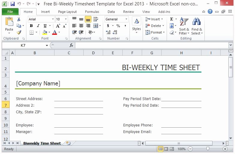 Bi Weekly Timesheet Template Beautiful Free Bi Weekly Timesheet Template for Excel 2013
