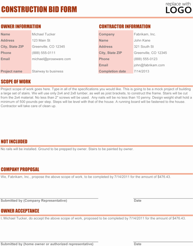 Bid Proposal Template Excel New Construction Proposal Template 4 Best Sample