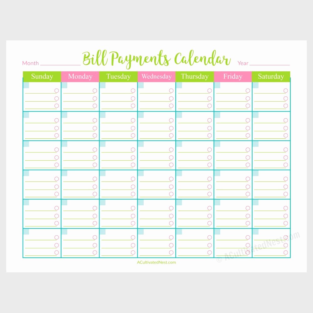Bill Pay Calendar Template Fresh Printable Bill Payments Calendar A Cultivated Nest
