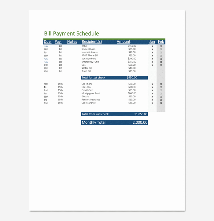 Bill Pay Calendar Template Unique Payment Schedule Template 5 for Word Excel &amp; Pdf