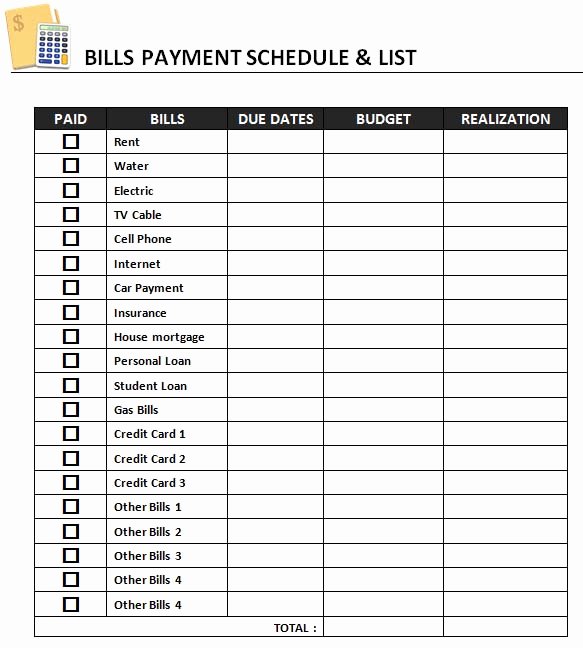 Bill Payment Calendar Template Unique Payment Schedule Template