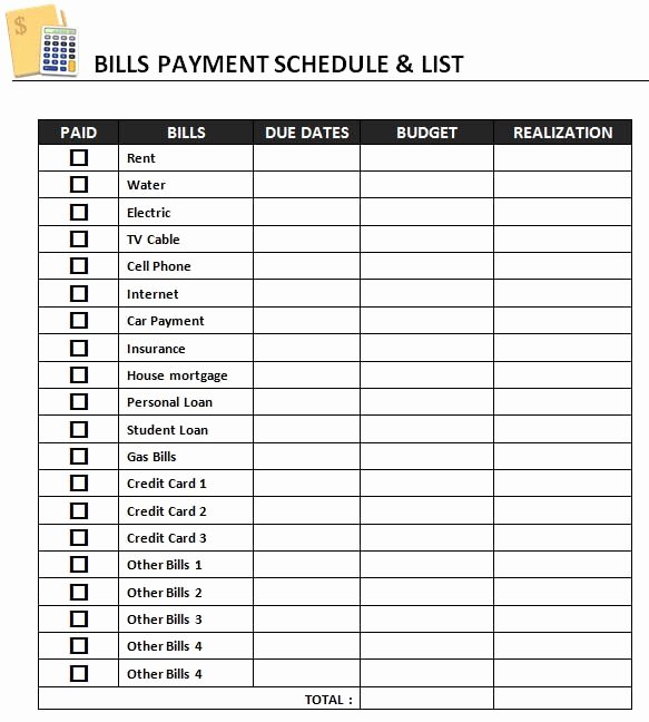 Bill Payment Schedule Template Elegant Bill organizer Template Excel