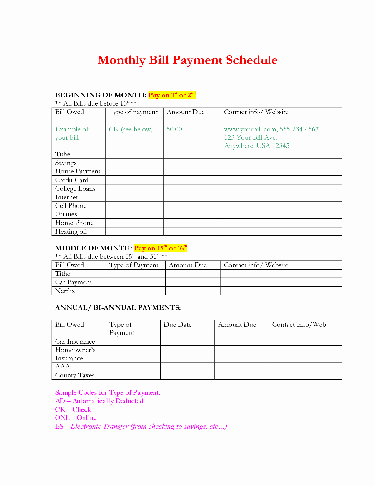 Bill Payment Schedule Template Luxury Printable Monthly Bill Payment Schedule and Checklist