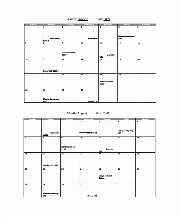 Bill Payment Schedule Template Unique Sample Bill Calendar 6 Documents In Pdf