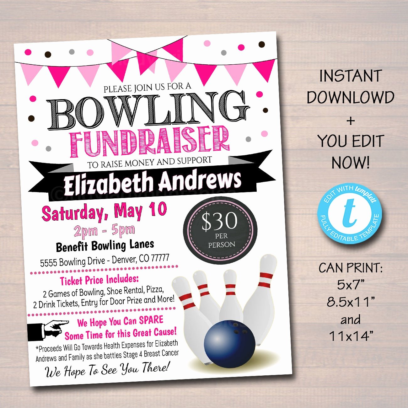 Bowling Flyer Template Free Awesome Editable Cancer Bowling Fundraiser Flyer Printable Pta Pto