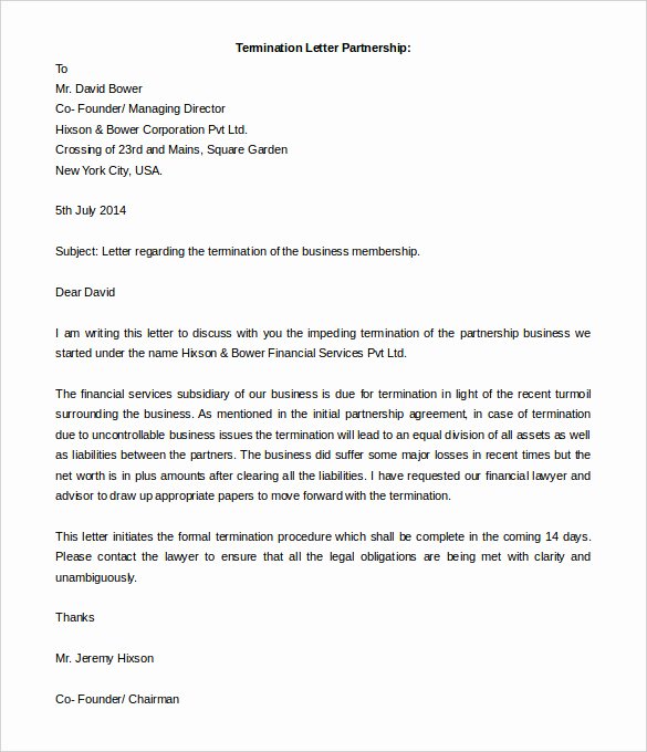 Business Contract Termination Letter Template Lovely 5 Partnership Termination Letters Free Word Pdf