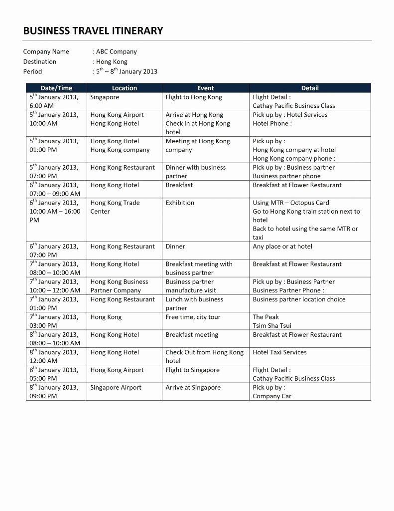 Business Travel Itinerary Template Elegant Business Travel Itinerary Template