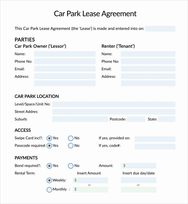 Car Lease Agreement Template Inspirational Sample Parking Agreement Template 13 Free Documents In