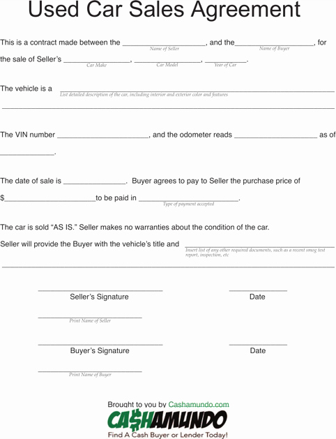 Car Sale Agreement Template Unique Download Vehicle Purchase Agreement for Free formtemplate