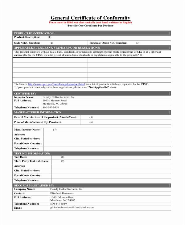 Certificate Of Conformity Template Inspirational Free 41 Certificate form In Templates Pdf