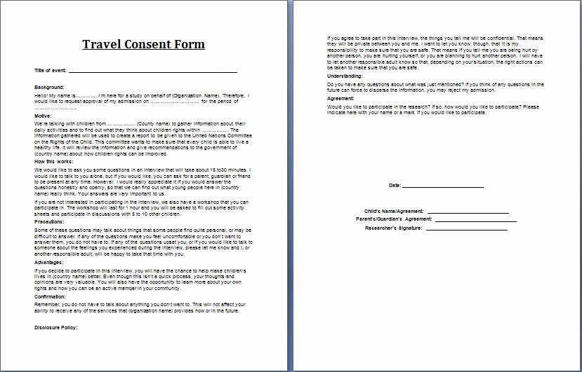 Child Travel Consent form Template Awesome Printable Ms Word Parent Consent forms