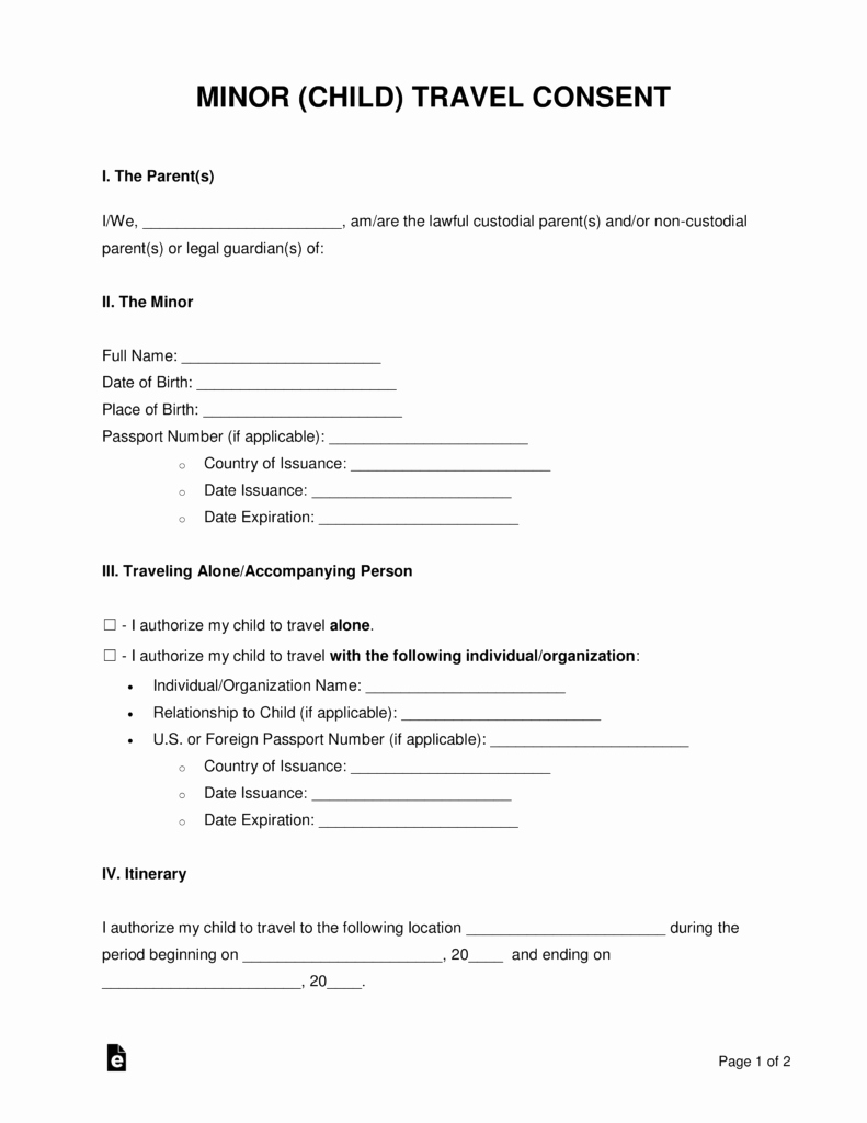 Child Travel Consent form Template Best Of Free Minor Child Travel Consent form Pdf