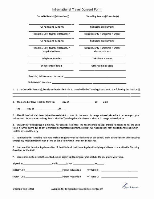 Child Travel Consent form Template Lovely Child International Travel Consent form