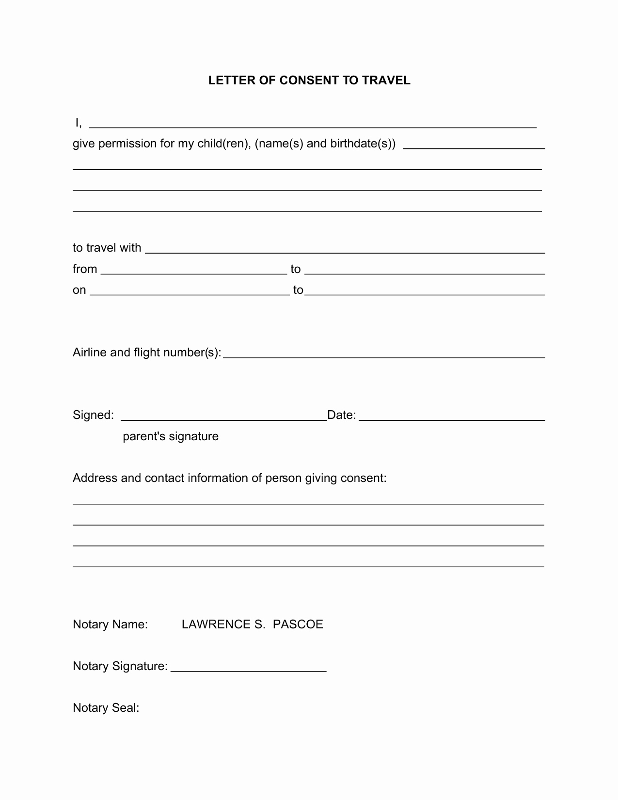 Child Travel Consent form Template Unique Letter Permission to Travel Free Printable Documents