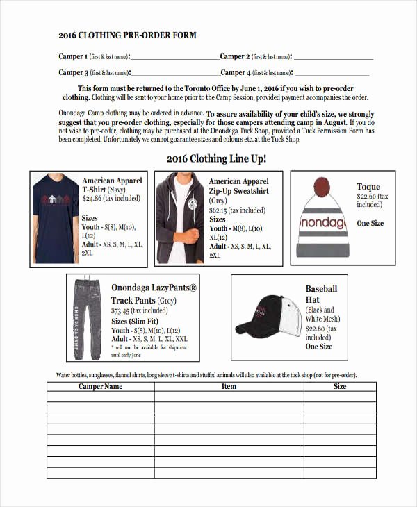 Clothing order form Templates Inspirational 9 Clothing order forms Free Samples Examples format