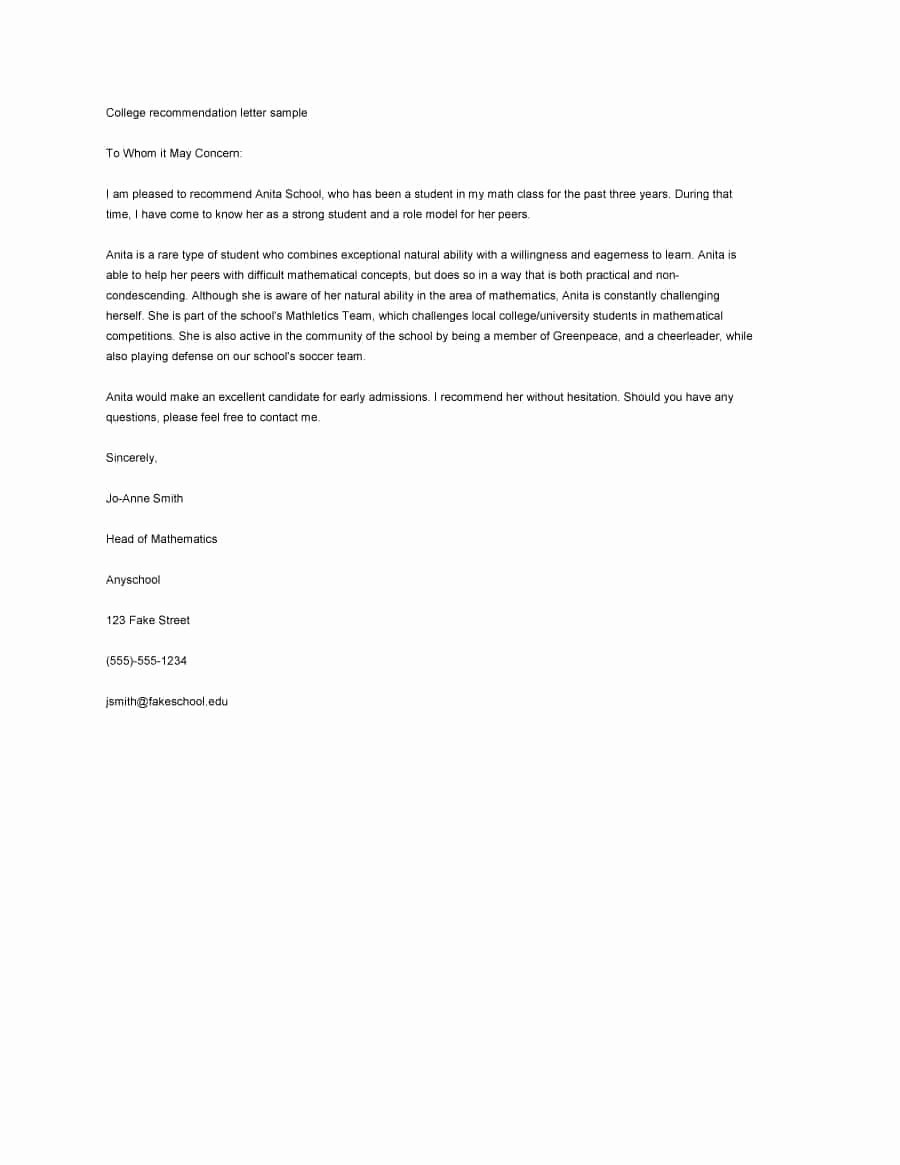 College Recommendation Letter Template Luxury 43 Free Letter Of Re Mendation Templates &amp; Samples