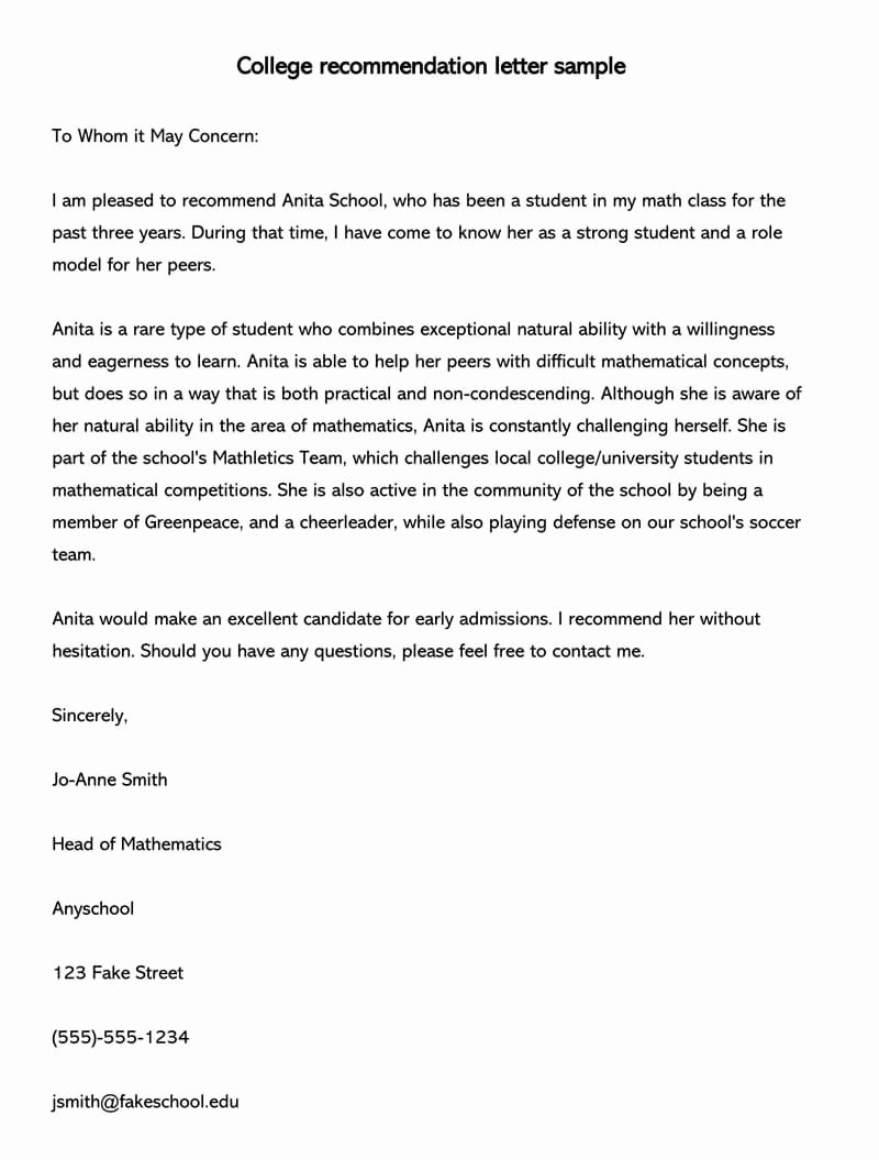 College Recommendation Letter Template Luxury Student Re Mendation Letter 15 Sample Letters and