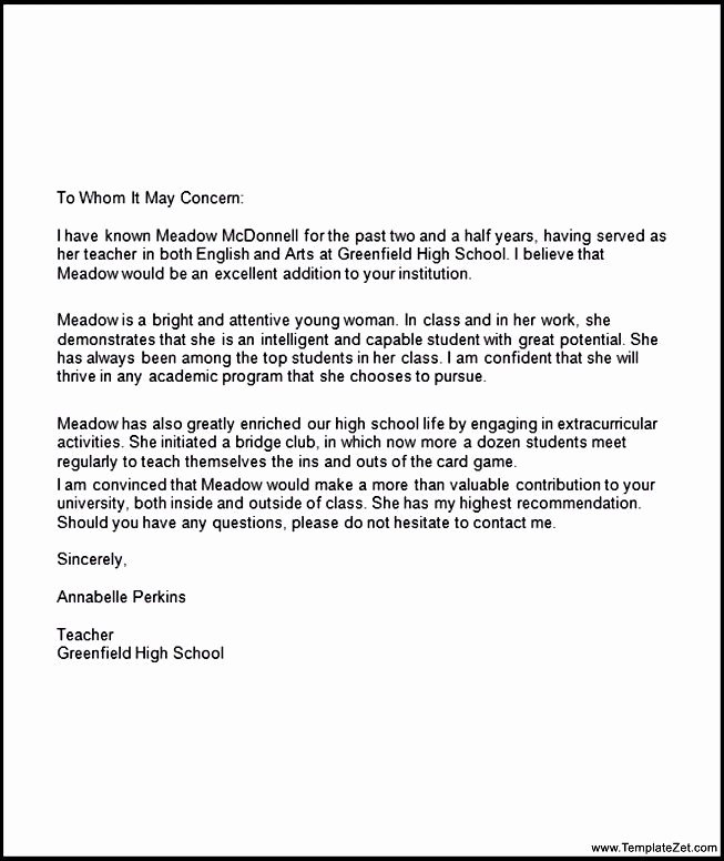 College Recommendation Letter Template New Re Mendation Letter for Student Going to College