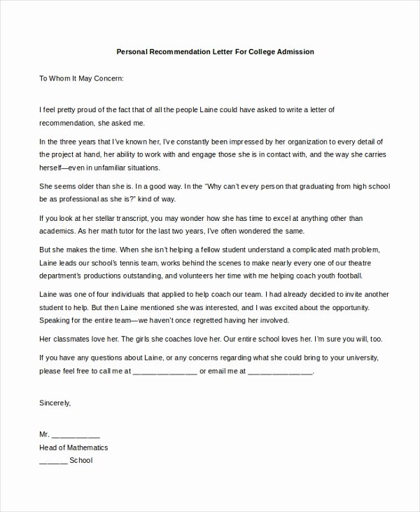 College Reference Letter Template Beautiful Free 5 Sample Personal Re Mendation Letters In Pdf
