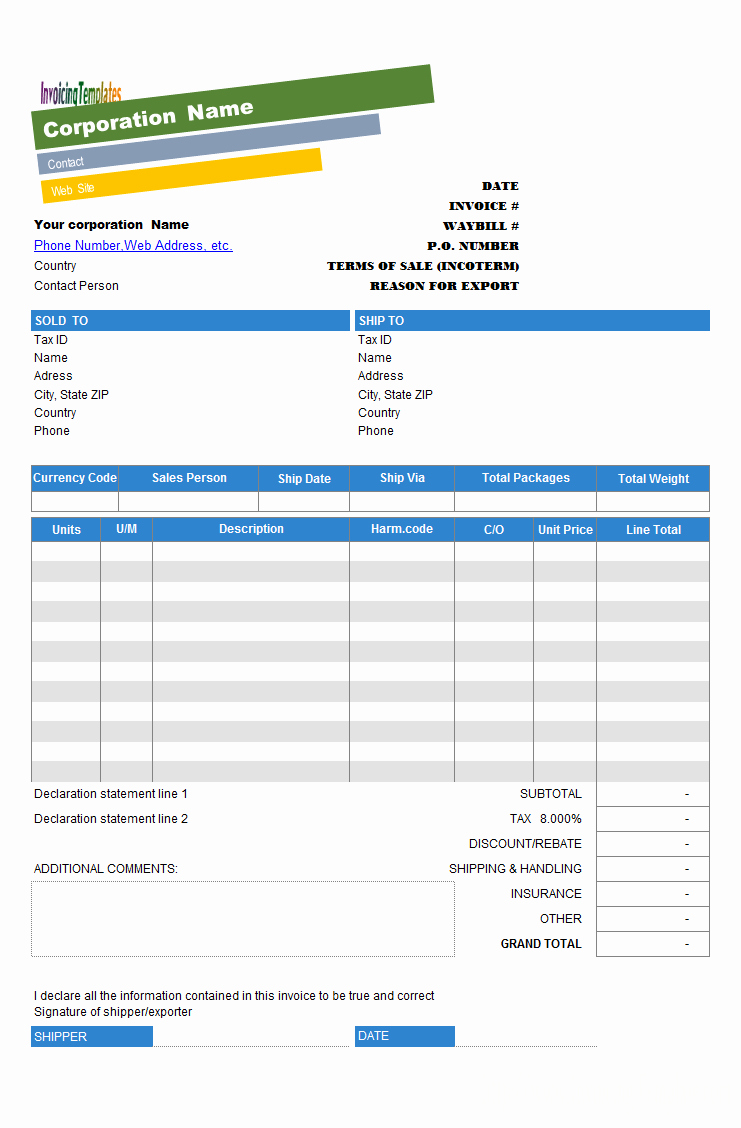 Commercial Invoice Template Excel Best Of Mercial Invoice Template with Colorful Business Name