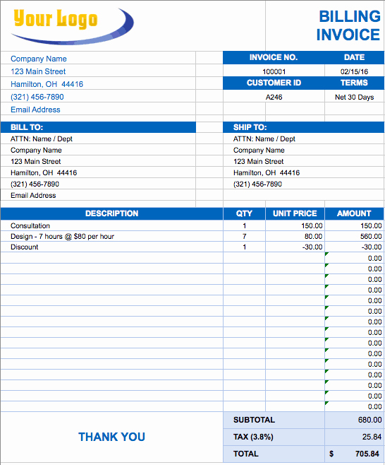 Commercial Invoice Template Excel Inspirational Free Excel Invoice Templates Smartsheet