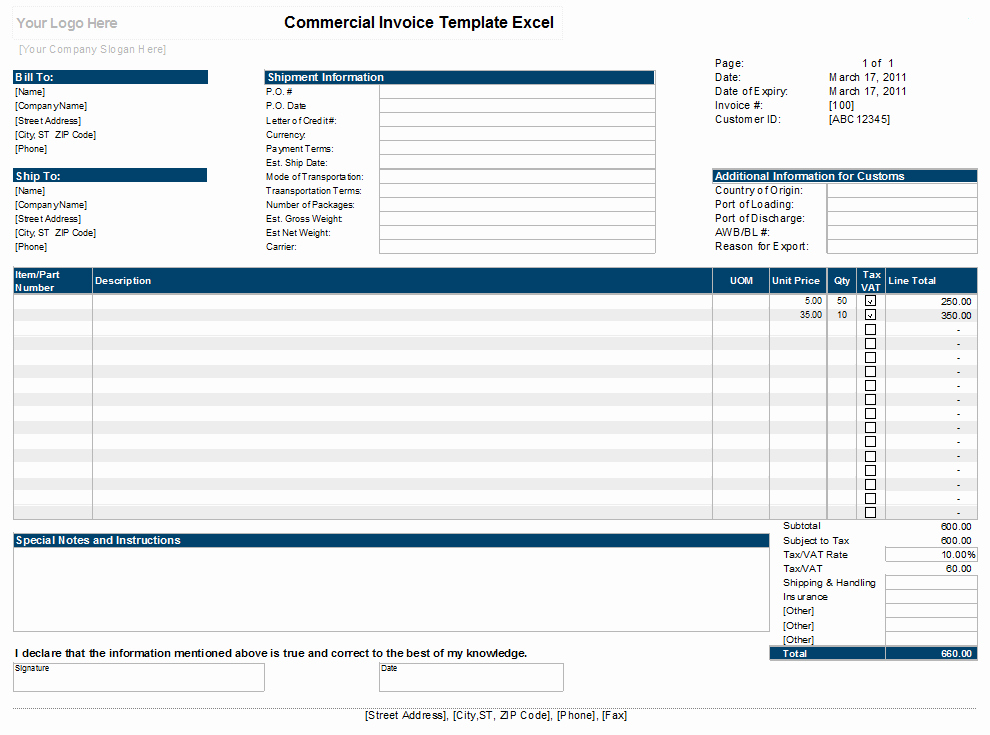 Commercial Invoice Template Excel Luxury Mercial Invoice Template Excel Xls