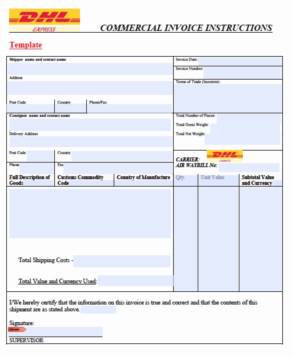 Commercial Invoice Template Excel New Dhl Mercial Invoice Template