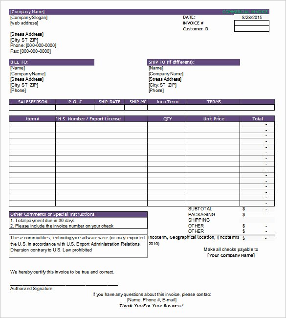 Commercial Invoice Template Excel New Invoice Template for Mac Line