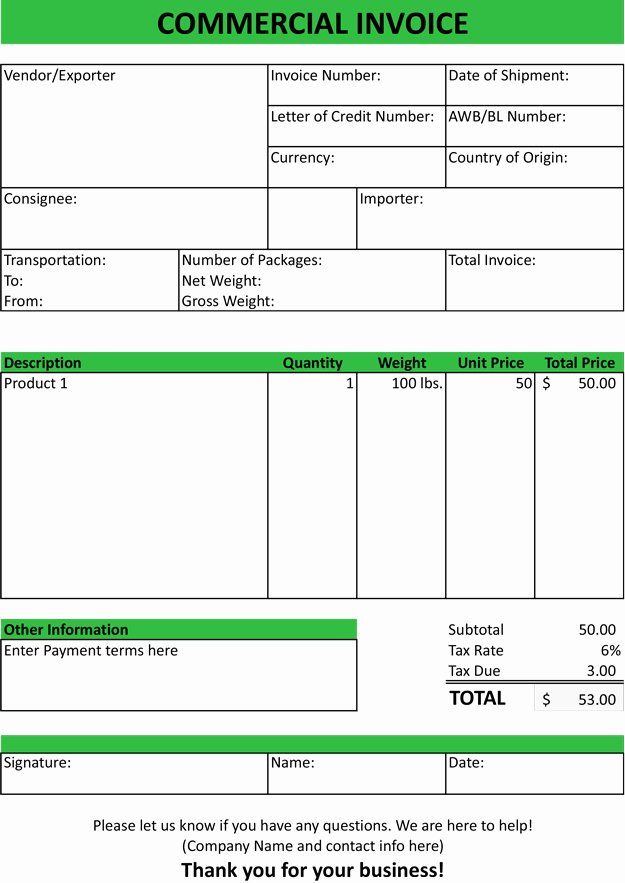 Commercial Invoice Template Excel New Mercial Invoice Template Free